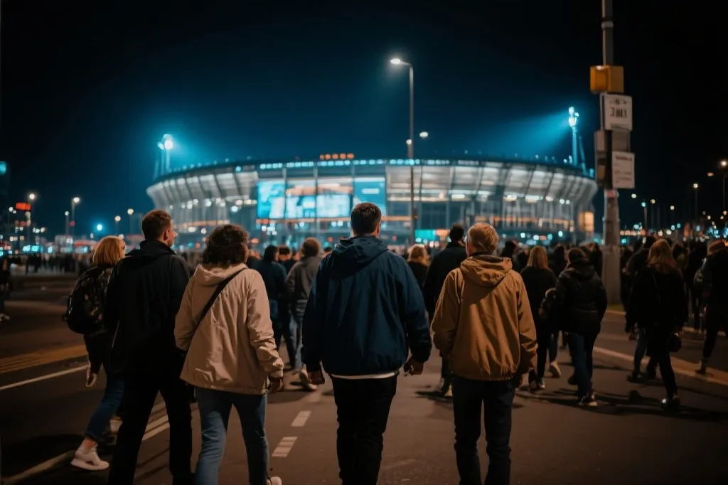 夜幕下球场外散场人流与轻外套穿搭的球迷场景