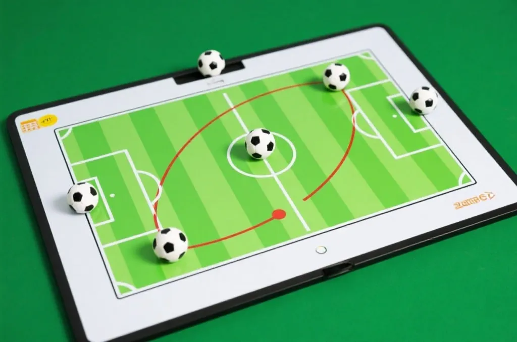 A tactical football soccer board showing strategic movements and ball trajectory with clean green background